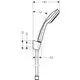 Hansgrohe Duschhalterset mit Handbrause und Brauseschlauch, dargestellt in technischer Zeichnung mit Maßen und Montagehinweisen.
